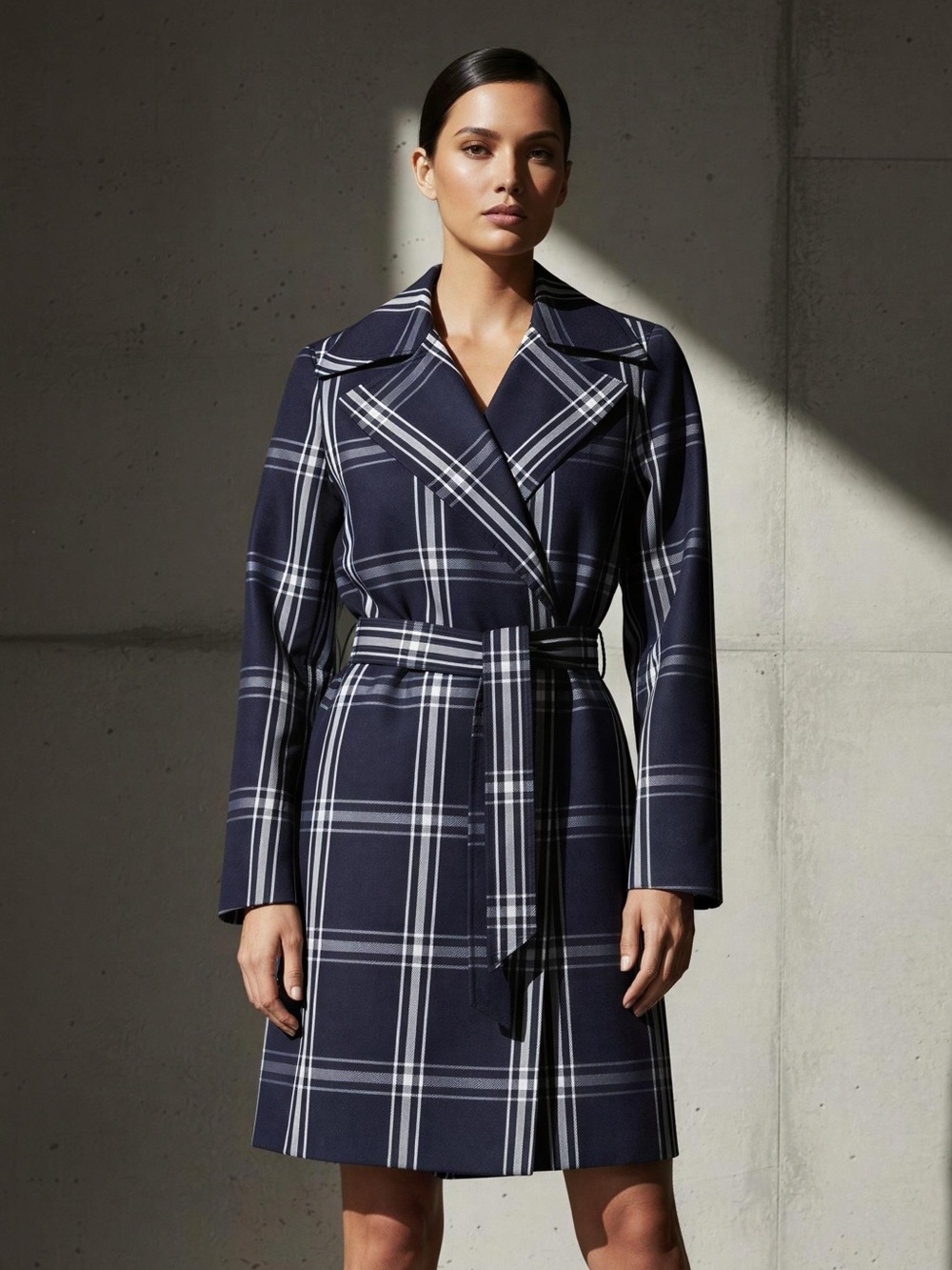 Madison Navy & White Plaid Belted Jacket